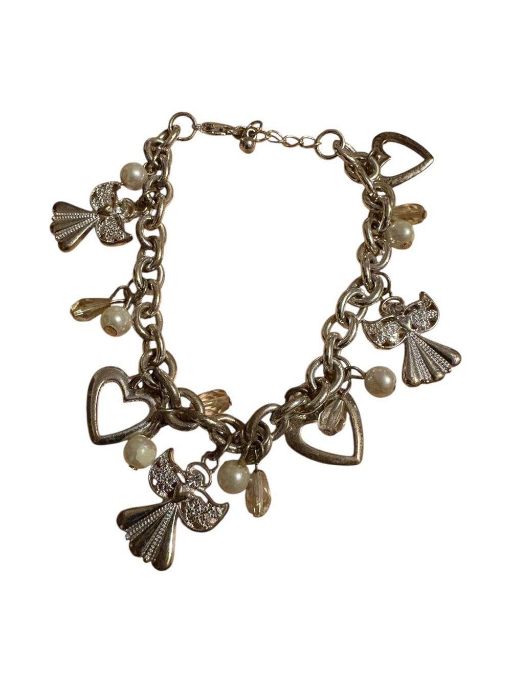 Angel Hearts and Faux Pearl Charm Bracelet One Size Silver